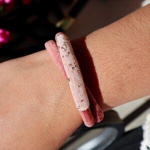 Pink Velvet Double Wrap Bracelet | Rhinestone Detail | Rose Gold
